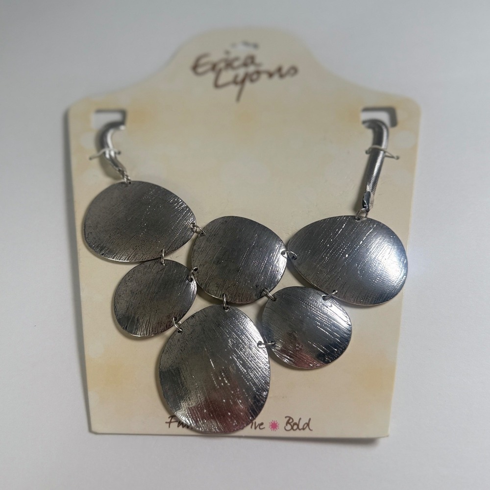 Erica Lyons Statement Necklace Womens OS Silver Textured Bib Disc Snake Chain